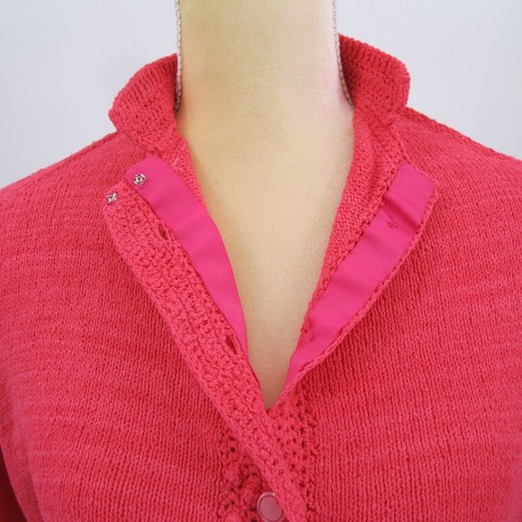 Handknit Cardigan Raised Popcorn Design Trim Bright Rose Womens Button Up L / XL - Picture 8 of 15